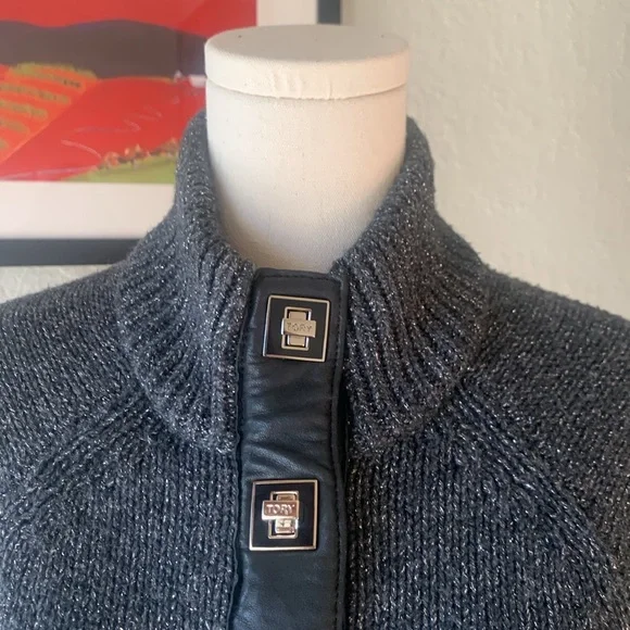 Tory Burch metallic cardigan with faux leather trim and toggle closures. - Picture 2 of 9